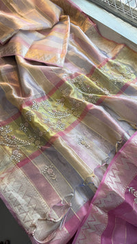Pastel Radiance Tissue Silk Banarasi Saree With Handcrafted Zardozi & Pearl Detailing