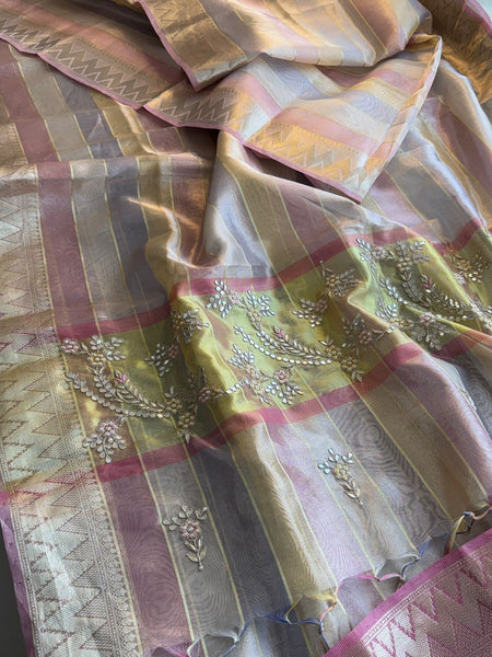 Pastel Radiance Tissue Silk Banarasi Saree With Handcrafted Zardozi & Pearl Detailing