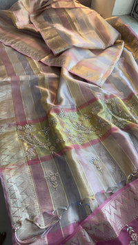Pastel Radiance Tissue Silk Banarasi Saree With Handcrafted Zardozi & Pearl Detailing