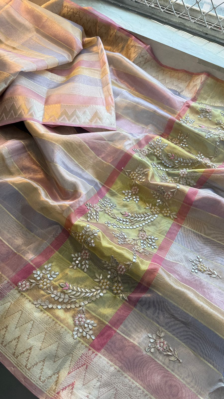 Pastel Radiance Tissue Silk Banarasi Saree With Handcrafted Zardozi & Pearl Detailing
