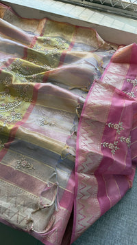 Pastel Radiance Tissue Silk Banarasi Saree With Handcrafted Zardozi & Pearl Detailing