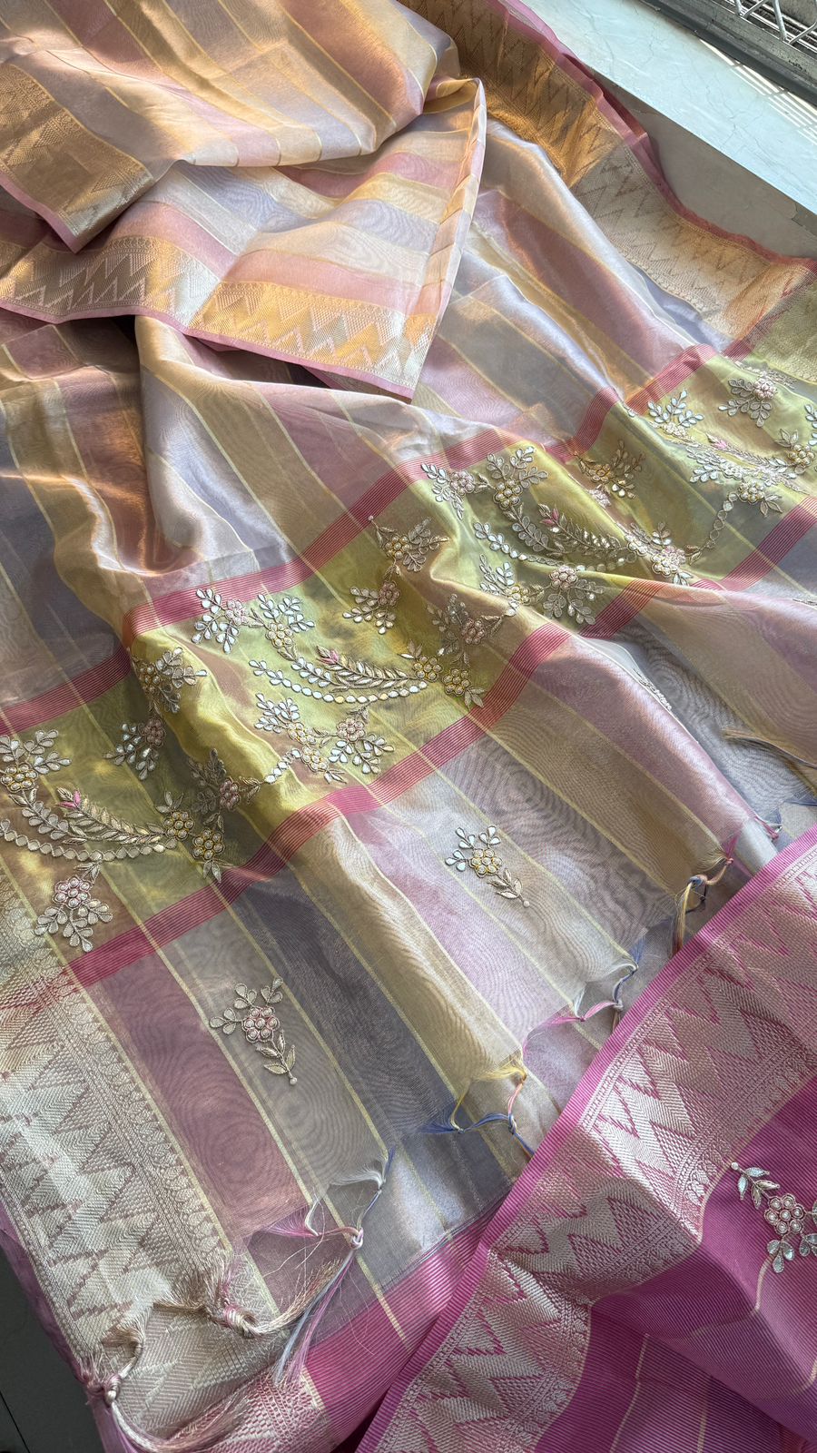 Pastel Radiance Tissue Silk Banarasi Saree With Handcrafted Zardozi & Pearl Detailing