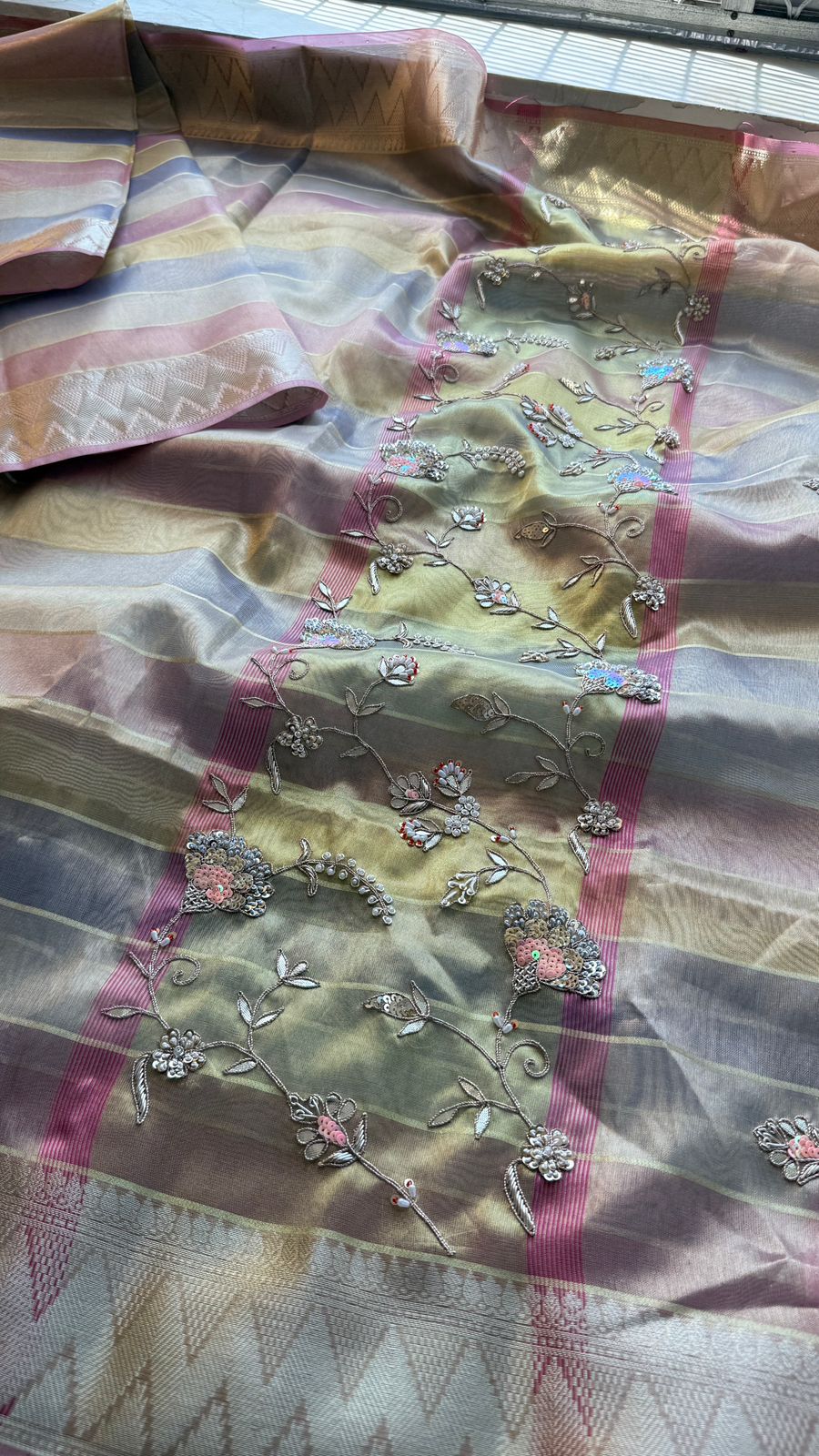 Pastel Radiance Tissue Silk Banarasi Saree With Handcrafted Zardozi & Pearl Detailing