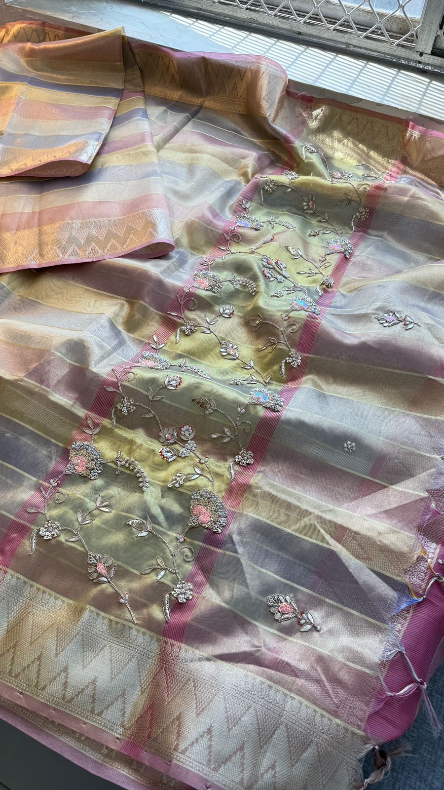 Pastel Radiance Tissue Silk Banarasi Saree With Handcrafted Zardozi & Pearl Detailing