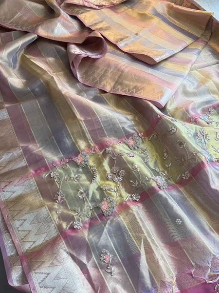 Pastel Radiance Tissue Silk Banarasi Saree With Handcrafted Zardozi & Pearl Detailing