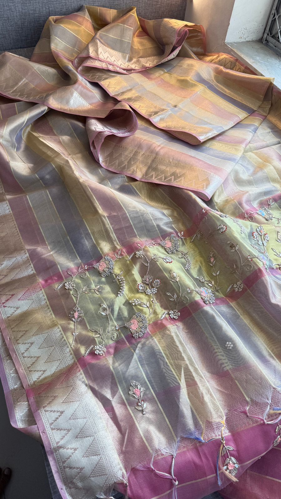 Pastel Radiance Tissue Silk Banarasi Saree With Handcrafted Zardozi & Pearl Detailing