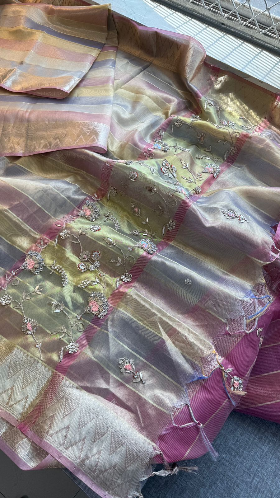 Pastel Radiance Tissue Silk Banarasi Saree With Handcrafted Zardozi & Pearl Detailing