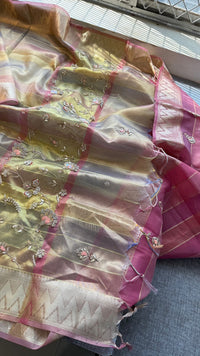 Pastel Radiance Tissue Silk Banarasi Saree With Handcrafted Zardozi & Pearl Detailing