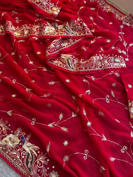Royal Scarlet Chiffon Saree With Handcrafted Zardozi Gotapatti Peacock Border