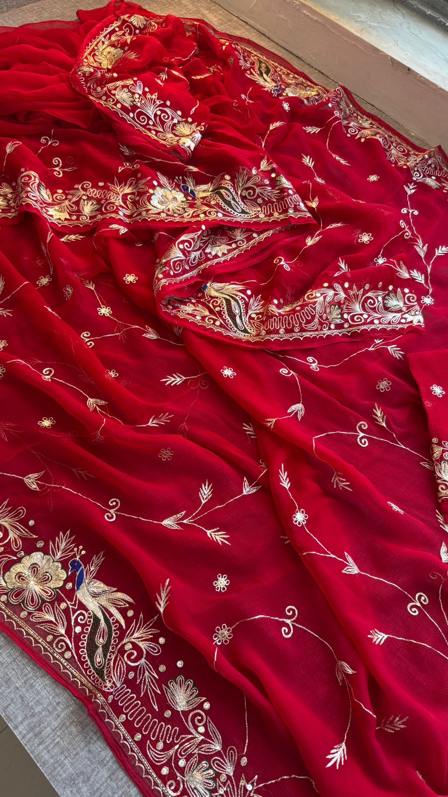 Royal Scarlet Chiffon Saree With Handcrafted Zardozi Gotapatti Peacock Border