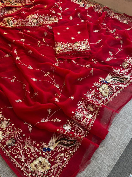 Royal Scarlet Chiffon Saree With Handcrafted Zardozi Gotapatti Peacock Border