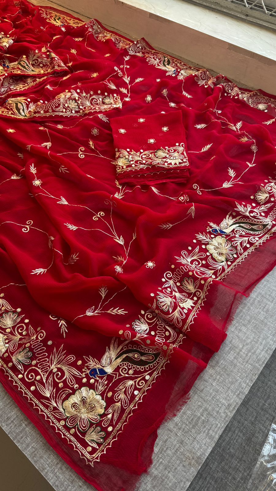 Royal Scarlet Chiffon Saree With Handcrafted Zardozi Gotapatti Peacock Border