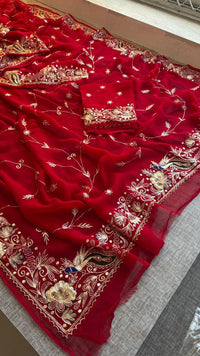 Royal Scarlet Chiffon Saree With Handcrafted Zardozi Gotapatti Peacock Border