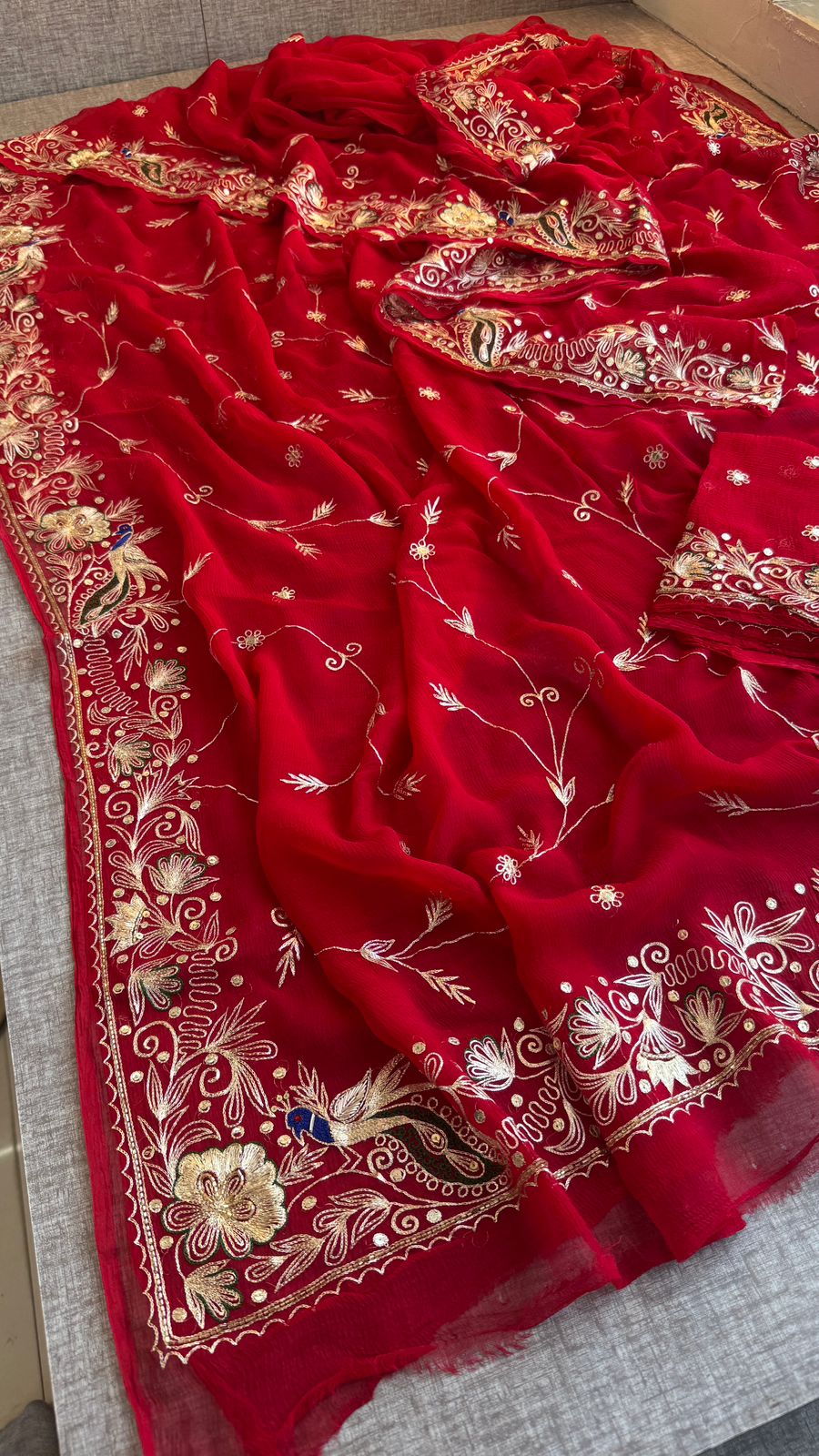 Royal Scarlet Chiffon Saree With Handcrafted Zardozi Gotapatti Peacock Border