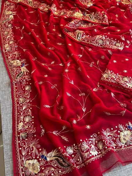 Royal Scarlet Chiffon Saree With Handcrafted Zardozi Gotapatti Peacock Border