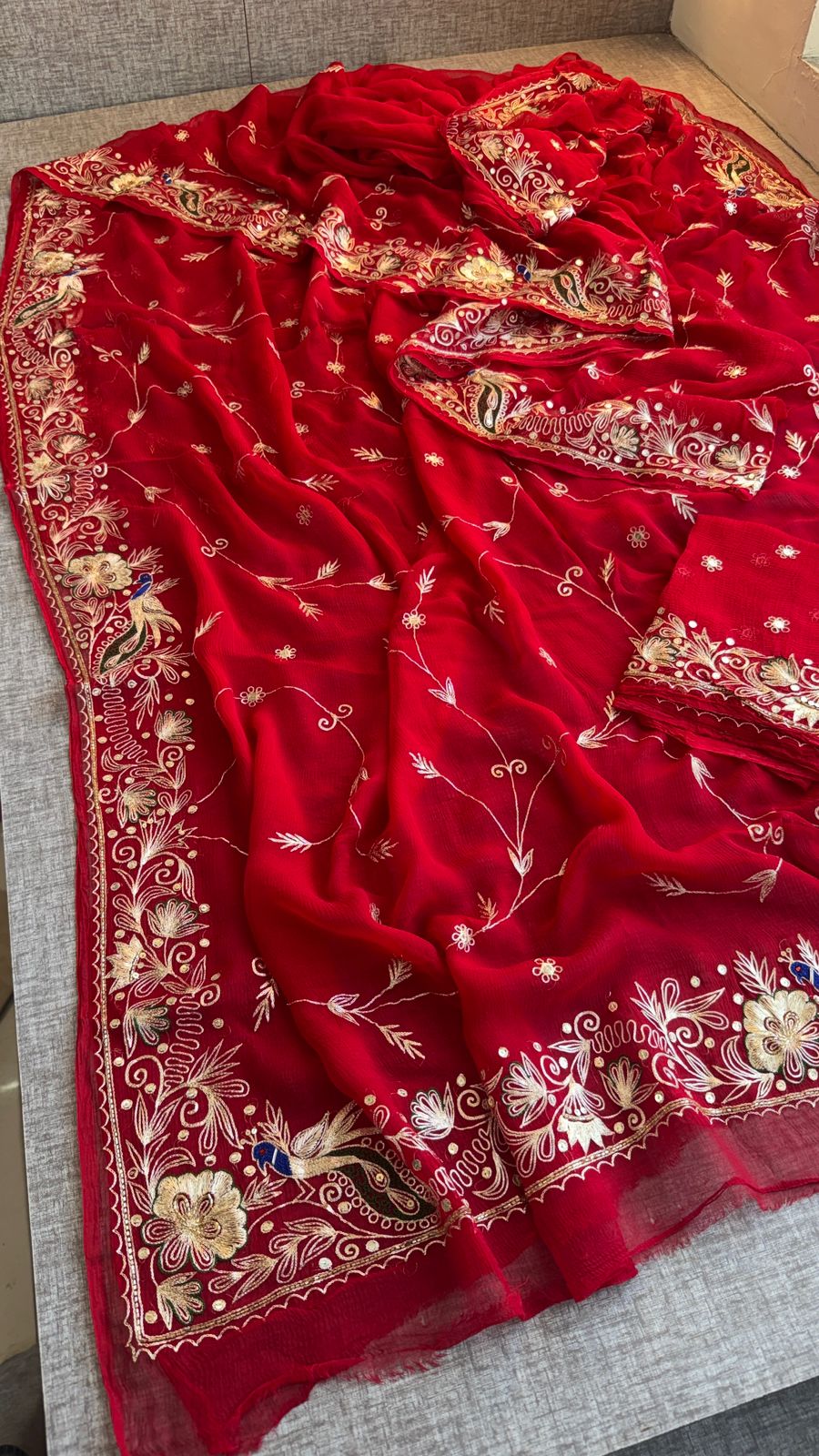Royal Scarlet Chiffon Saree With Handcrafted Zardozi Gotapatti Peacock Border