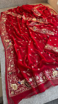 Royal Scarlet Chiffon Saree With Handcrafted Zardozi Gotapatti Peacock Border