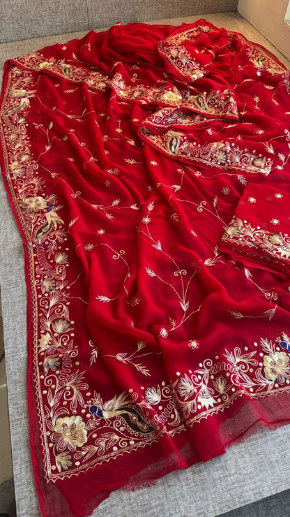 Zardozi And Gotta Patti Peacock On Pure Chiffon · 56 Artisan Hours of work · The Shringar Edit