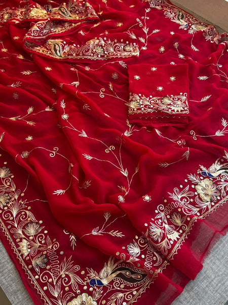 Royal Scarlet Chiffon Saree With Handcrafted Zardozi Gotapatti Peacock Border