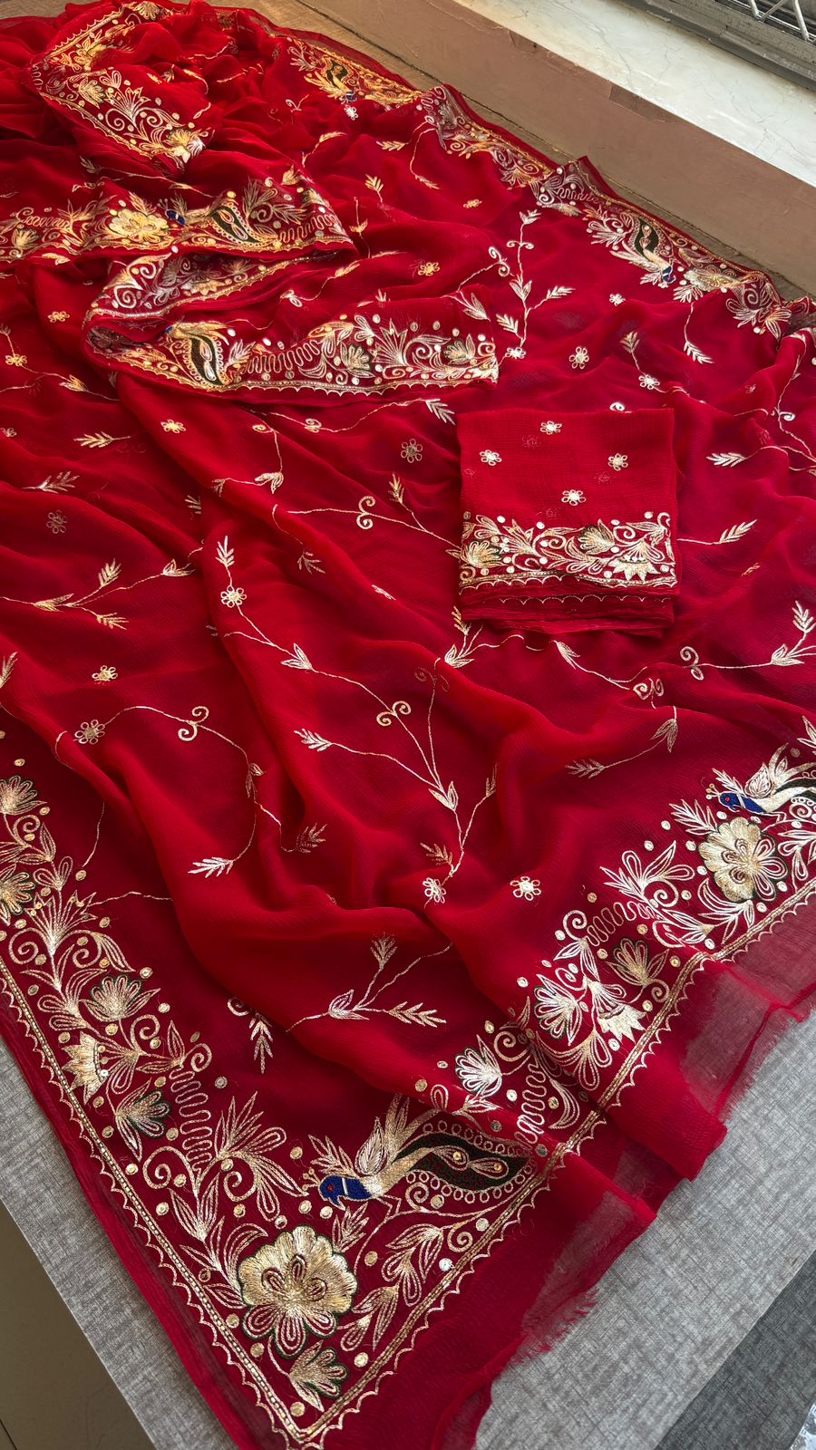 Royal Scarlet Chiffon Saree With Handcrafted Zardozi Gotapatti Peacock Border