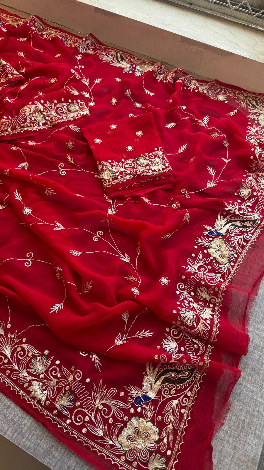 Royal Scarlet Chiffon Saree With Handcrafted Zardozi Gotapatti Peacock Border