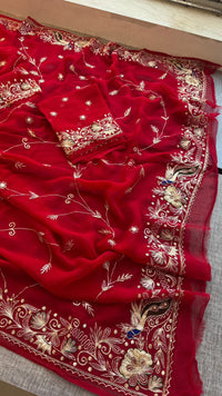 Royal Scarlet Chiffon Saree With Handcrafted Zardozi Gotapatti Peacock Border
