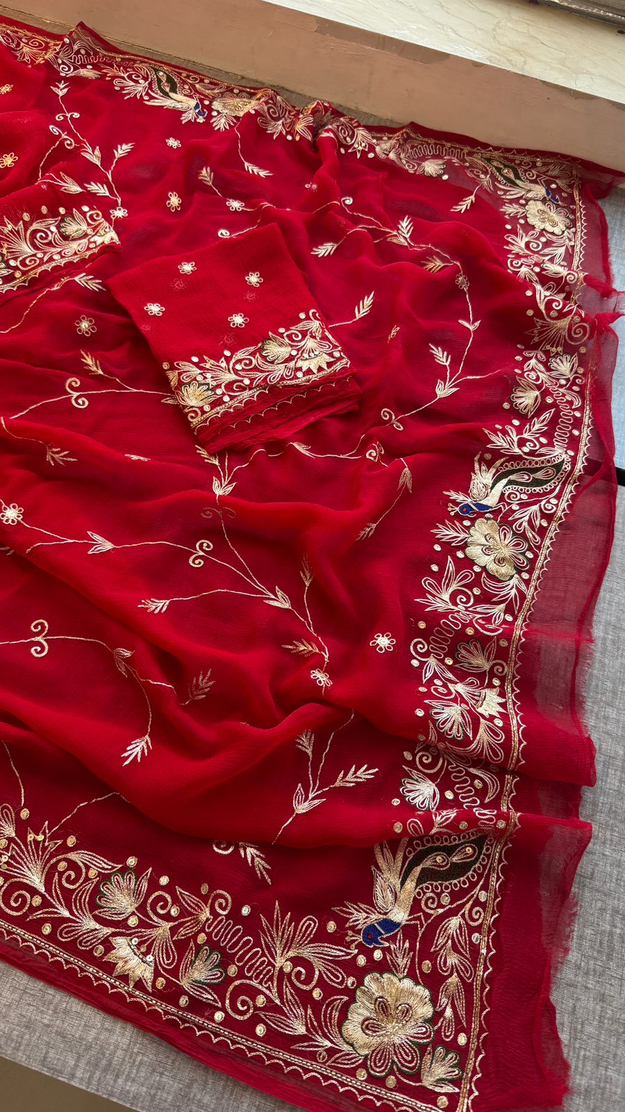 Royal Scarlet Chiffon Saree With Handcrafted Zardozi Gotapatti Peacock Border