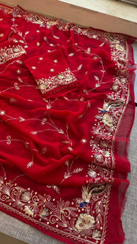 Royal Scarlet Chiffon Saree With Handcrafted Zardozi Gotapatti Peacock Border