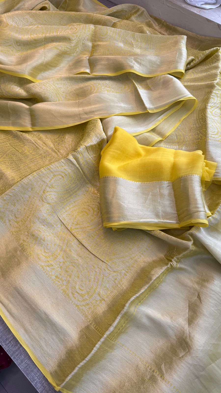 Zari Golden Weaving On Khaddi Georgette Banarasi · 20 Artisan Hours of work · The Zari Edit