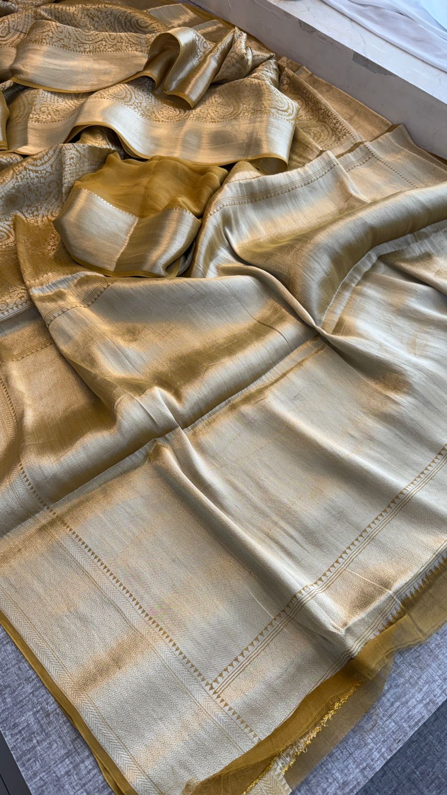Zari Golden Weaving On Khaddi Georgette Banarasi · 20 Artisan Hours of work · The Zari Edit