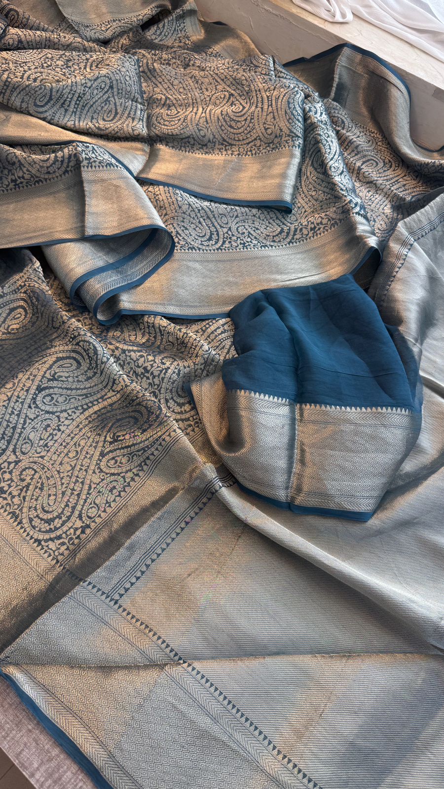 Zari Golden Weaving On Khaddi Georgette Banarasi · 20 Artisan Hours of work · The Zari Edit