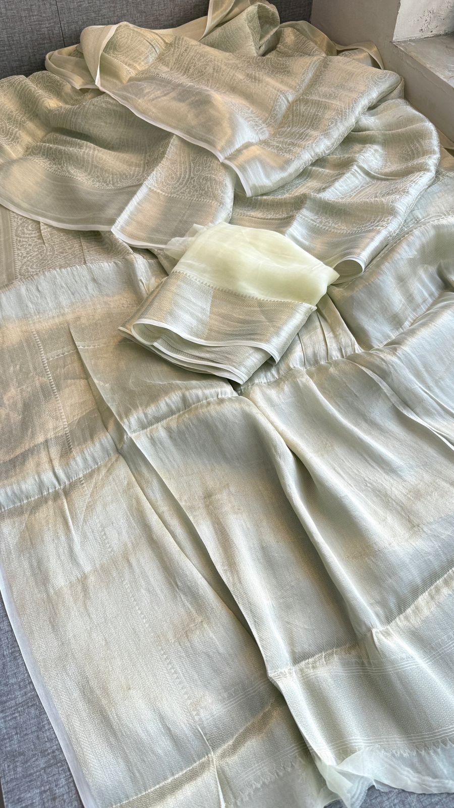 Zari Golden Weaving On Khaddi Georgette Banarasi · 20 Artisan Hours of work · The Zari Edit