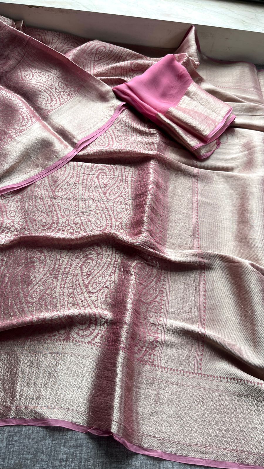 Zari Golden Weaving On Khaddi Georgette Banarasi · 20 Artisan Hours of work · The Zari Edit