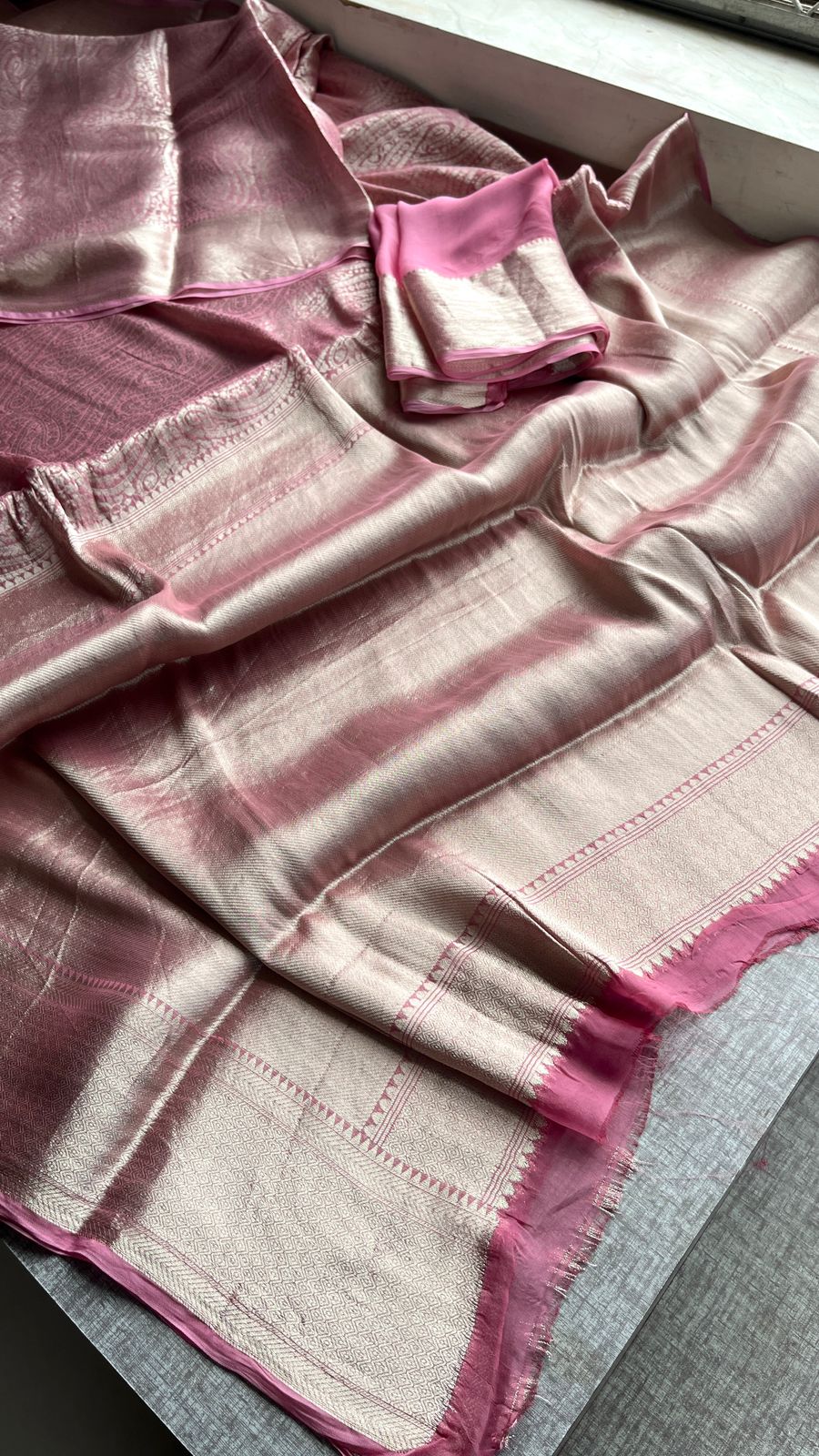 Zari Golden Weaving On Khaddi Georgette Banarasi · 20 Artisan Hours of work · The Zari Edit