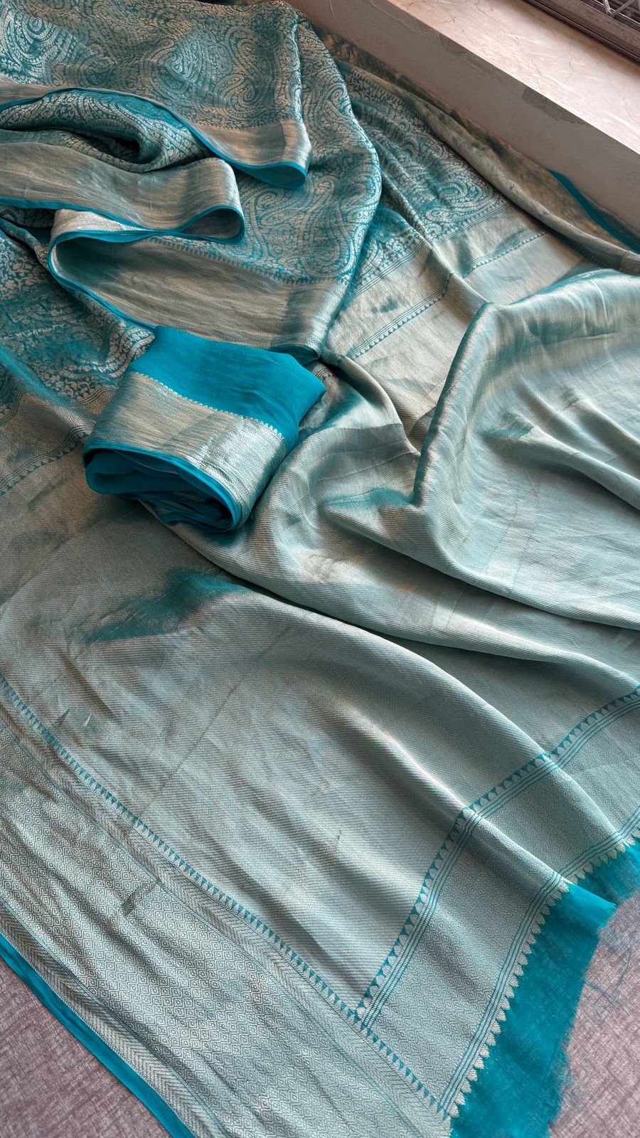 Zari Golden Weaving On Khaddi Georgette Banarasi · 20 Artisan Hours of work · The Zari Edit