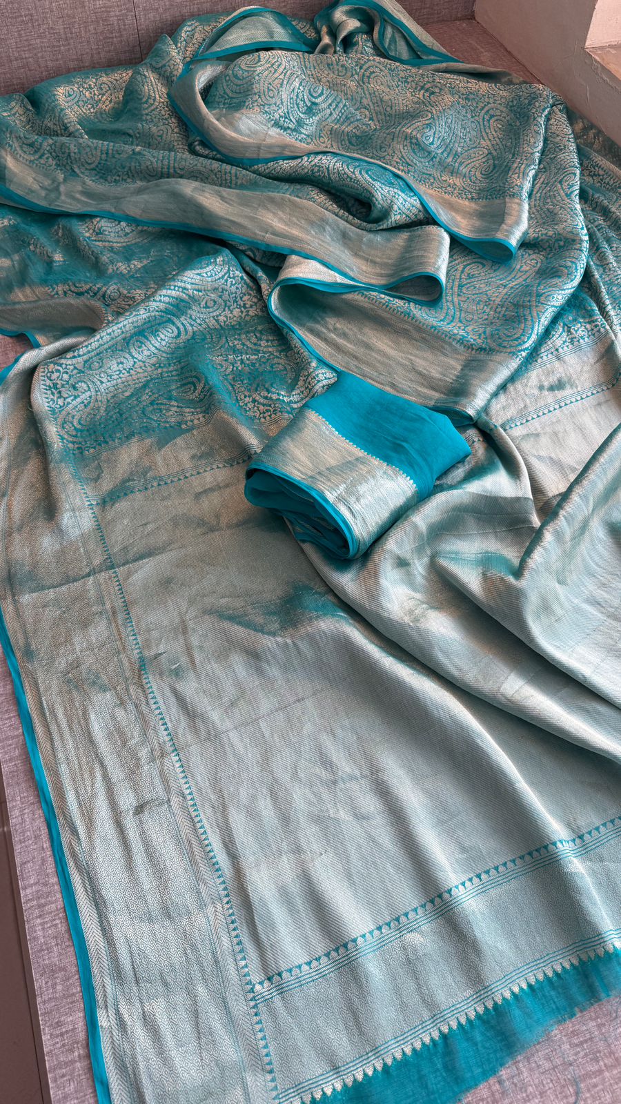 Zari Golden Weaving On Khaddi Georgette Banarasi · 20 Artisan Hours of work · The Zari Edit