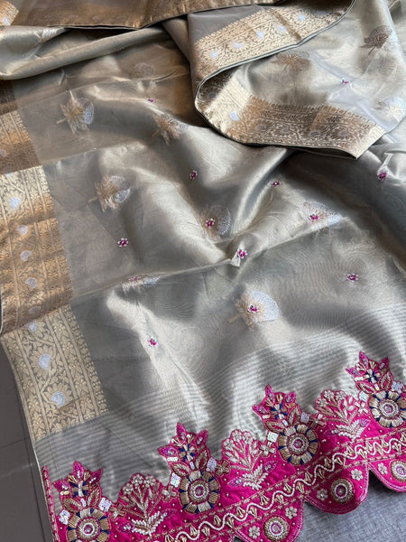 Premium Tissue Silk Banarasi Saree With Handcrafted Zardozi Zarkan Pearl Statement Border