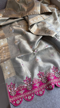 Premium Tissue Silk Banarasi Saree With Handcrafted Zardozi Zarkan Pearl Statement Border