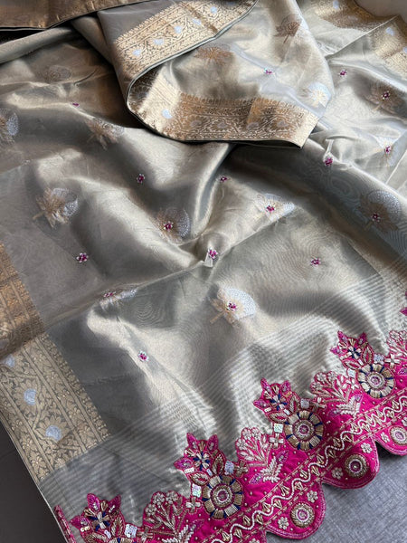 Premium Tissue Silk Banarasi Saree With Handcrafted Zardozi Zarkan Pearl Statement Border