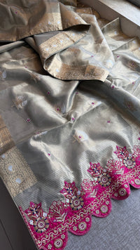 Premium Tissue Silk Banarasi Saree With Handcrafted Zardozi Zarkan Pearl Statement Border