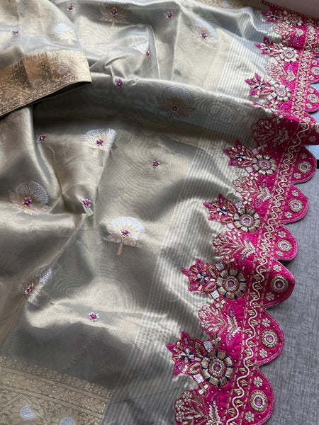Premium Tissue Silk Banarasi Saree With Handcrafted Zardozi Zarkan Pearl Statement Border