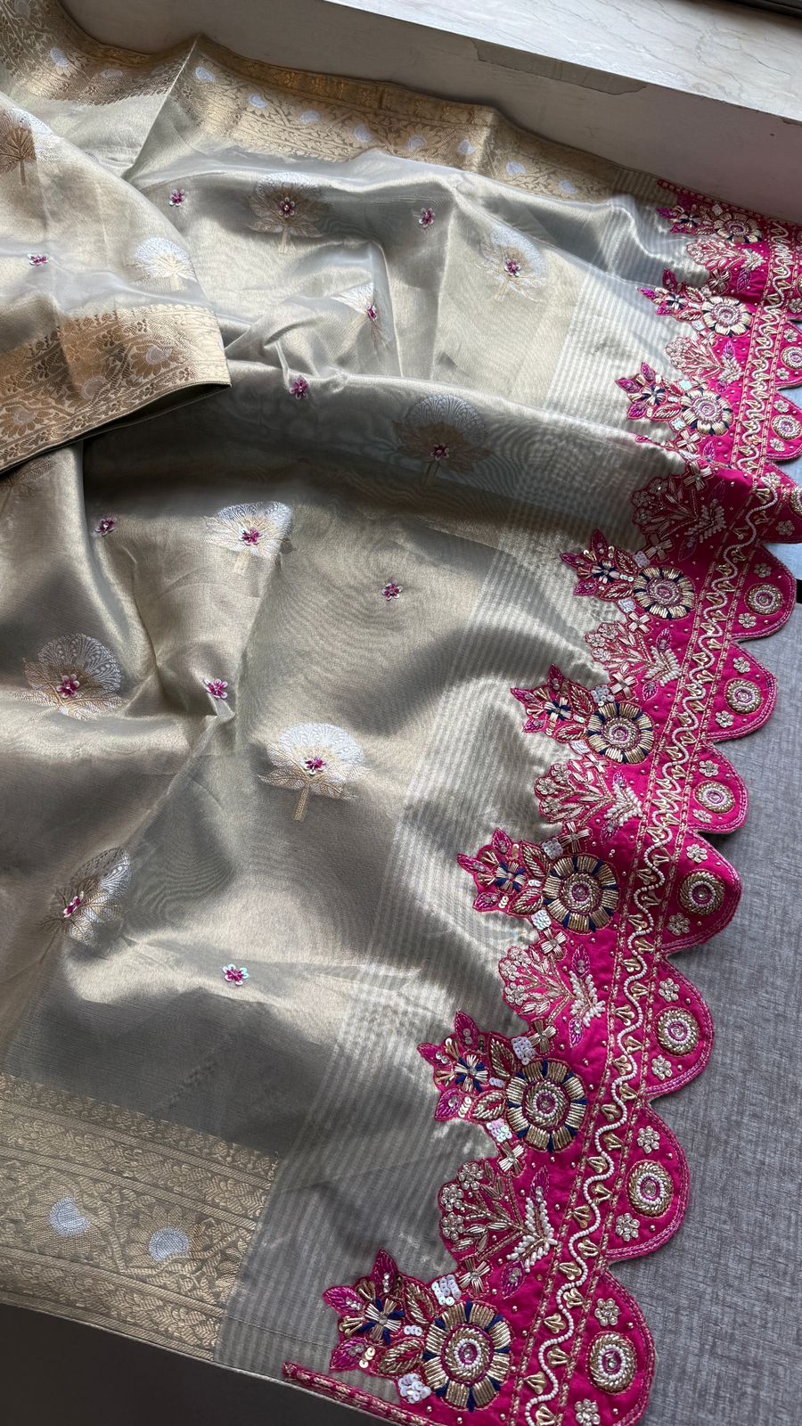 Premium Tissue Silk Banarasi Saree With Handcrafted Zardozi Zarkan Pearl Statement Border