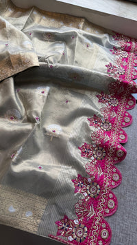 Premium Tissue Silk Banarasi Saree With Handcrafted Zardozi Zarkan Pearl Statement Border