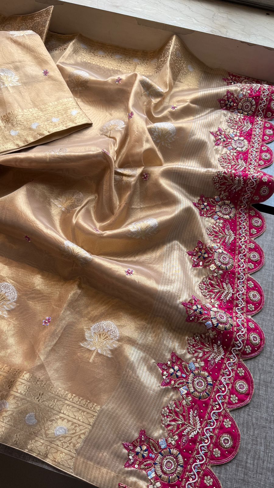 Zardozi Zarkan And Pearl On Tissue Silk Banarasi · 72 Artisan Hours of work · The Sunehri Edit