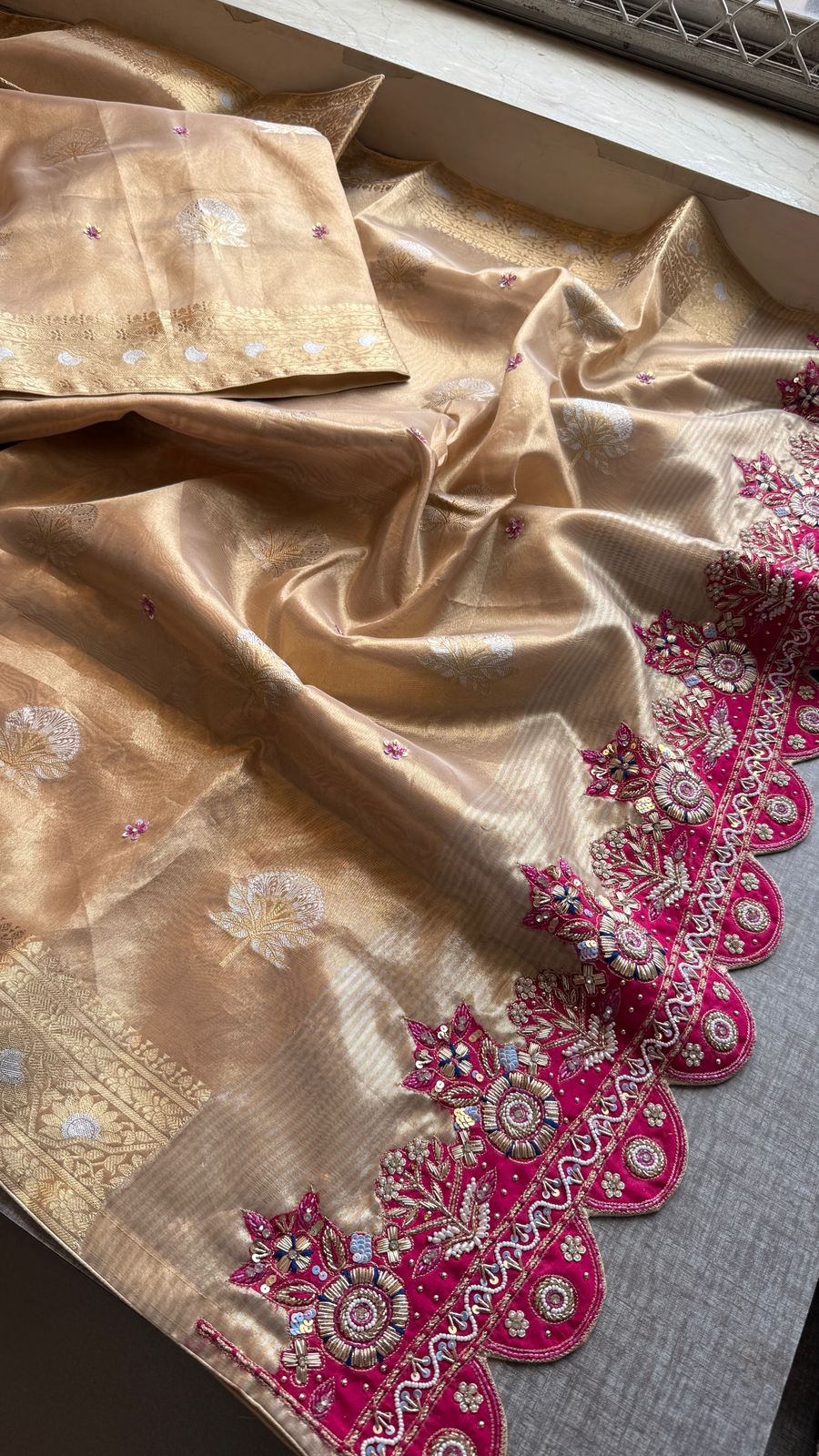 Zardozi Zarkan And Pearl On Tissue Silk Banarasi · 72 Artisan Hours of work · The Sunehri Edit