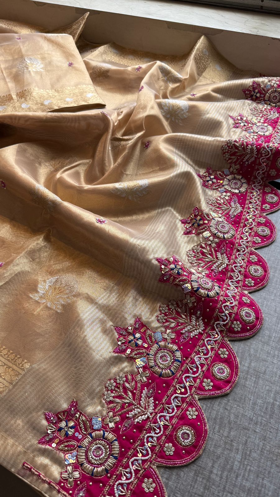 Premium Tissue Silk Banarasi Saree With Handcrafted Zardozi Zarkan Pearl Statement Border