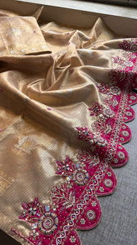 Premium Tissue Silk Banarasi Saree With Handcrafted Zardozi Zarkan Pearl Statement Border