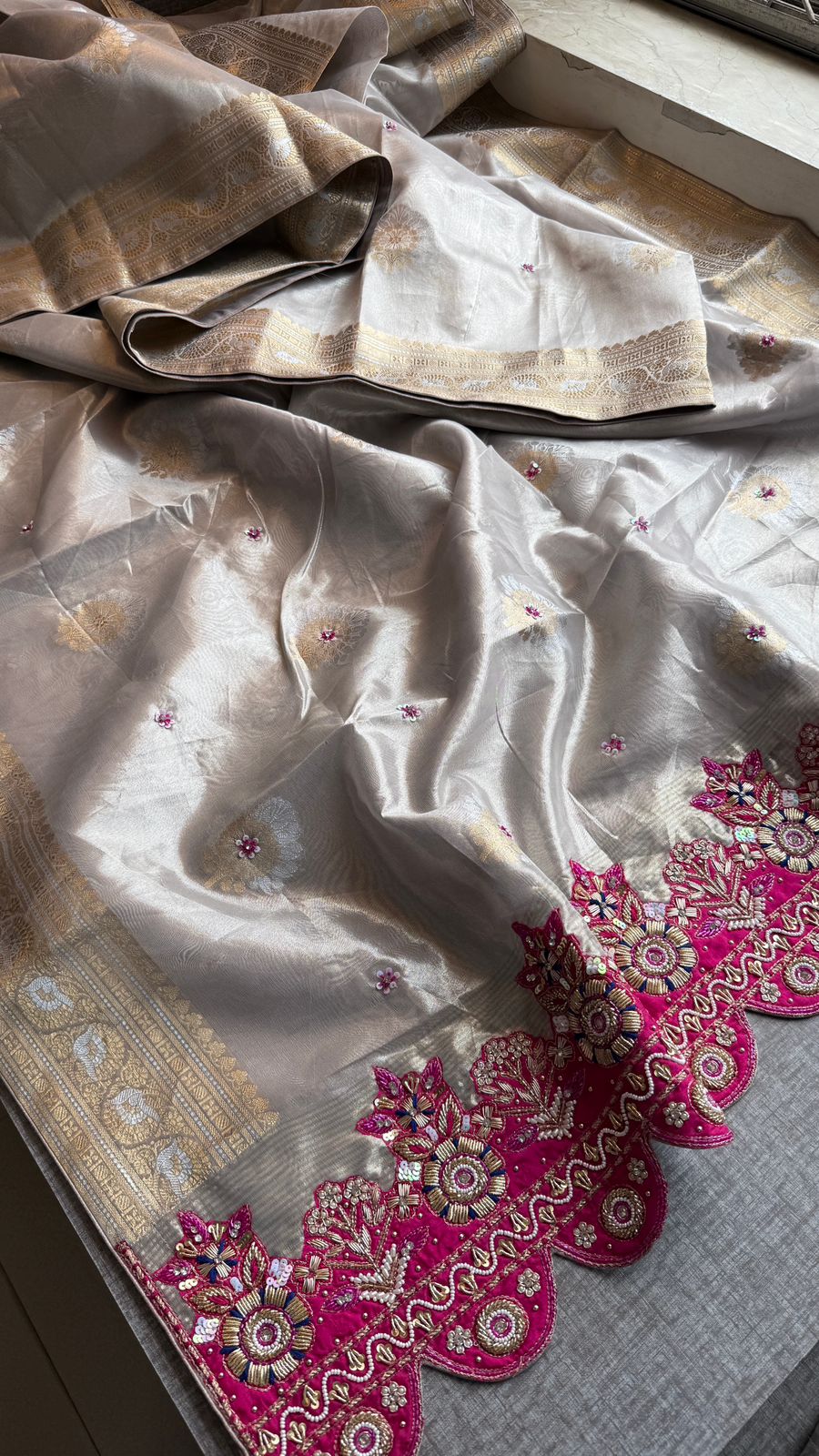 Premium Tissue Silk Banarasi Saree With Handcrafted Zardozi Zarkan Pearl Statement Border