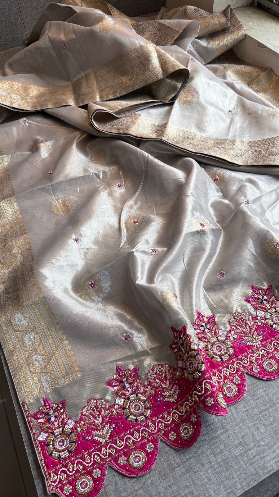 Premium Tissue Silk Banarasi Saree With Handcrafted Zardozi Zarkan Pearl Statement Border