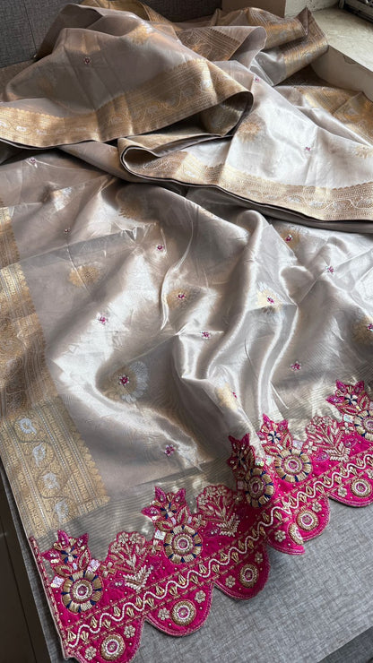 Zardozi Zarkan And Pearl On Tissue Silk Banarasi · 72 Artisan Hours of work · The Sunehri Edit